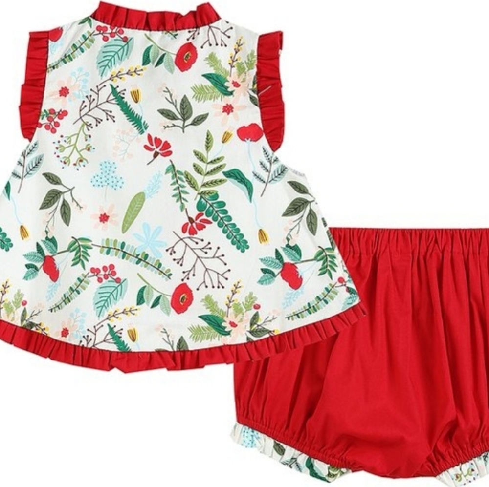 Lil Cactus White Floral Tulip Top & Red Bloomers